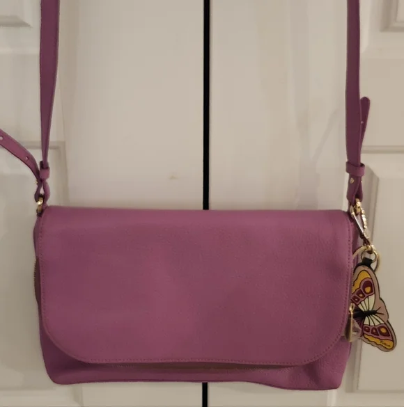 NWOT Furla $448 Pebbled Leather Crossbody Bag Pink Butterfly Bag Charm - Picture 1 of 7